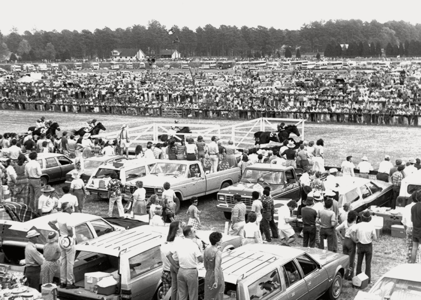 Crowds and tailgaters watching the Stoneybrook Steeplechase